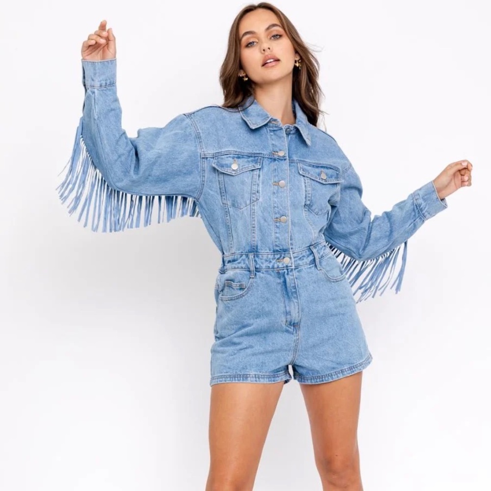 NWT Denim Romper with Fringe